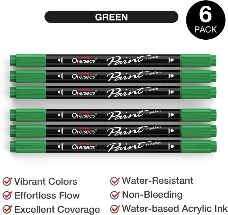 Overseas Green Acrylic Paint Markers, 6 Pack Dual Tip Paint Pens Acrylic Markers - Dot and Brush Tip Coloring Marker for Wood, Rock, Canvas, Glass, Metal, Plastic, Rubber, Fabric, School Supplies - Image 2